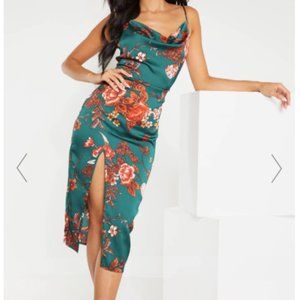 PLT Emerald Green Floral Satin Cowl Midi (XS)